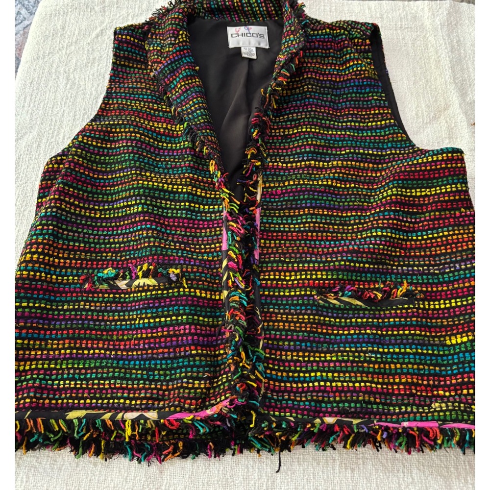 Chicos Multi Color Rainbow Silk Blend Fringe Tweed Vest Womens Size 2 Large